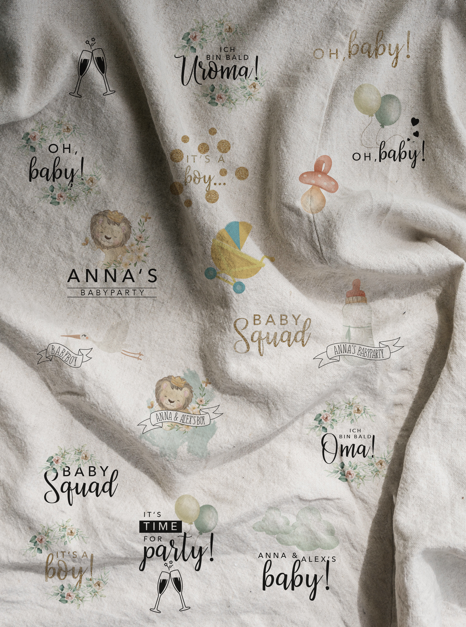 Verschiedene Babyparty-Tattoos montiert auf einem Leinen-Tuch