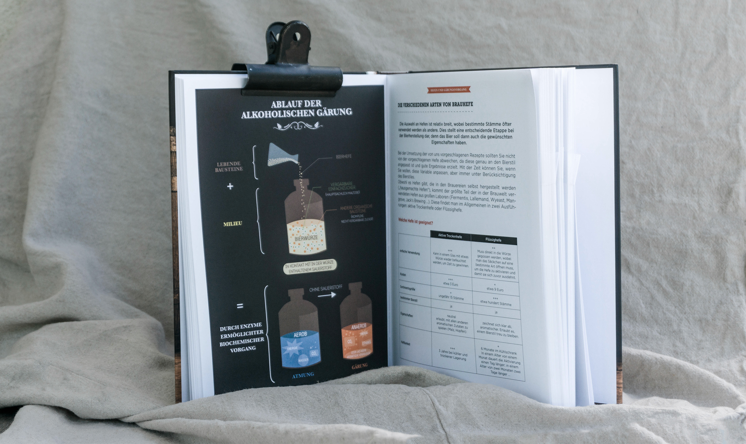 Aufgeschlagenes Buch Geheimnisse des Brauens Kapitel Ablauf der alkoholischen Gärung