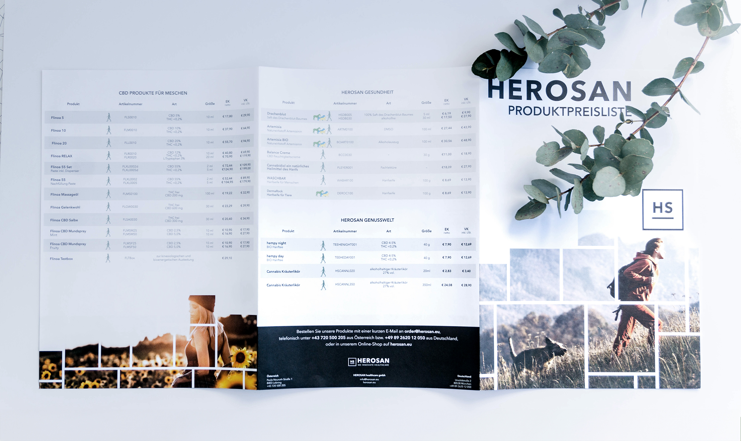 HEROSAN Preisliste aufgeklappt mit verschiedenen Produkten und einer Pflanze im Hintergrund.