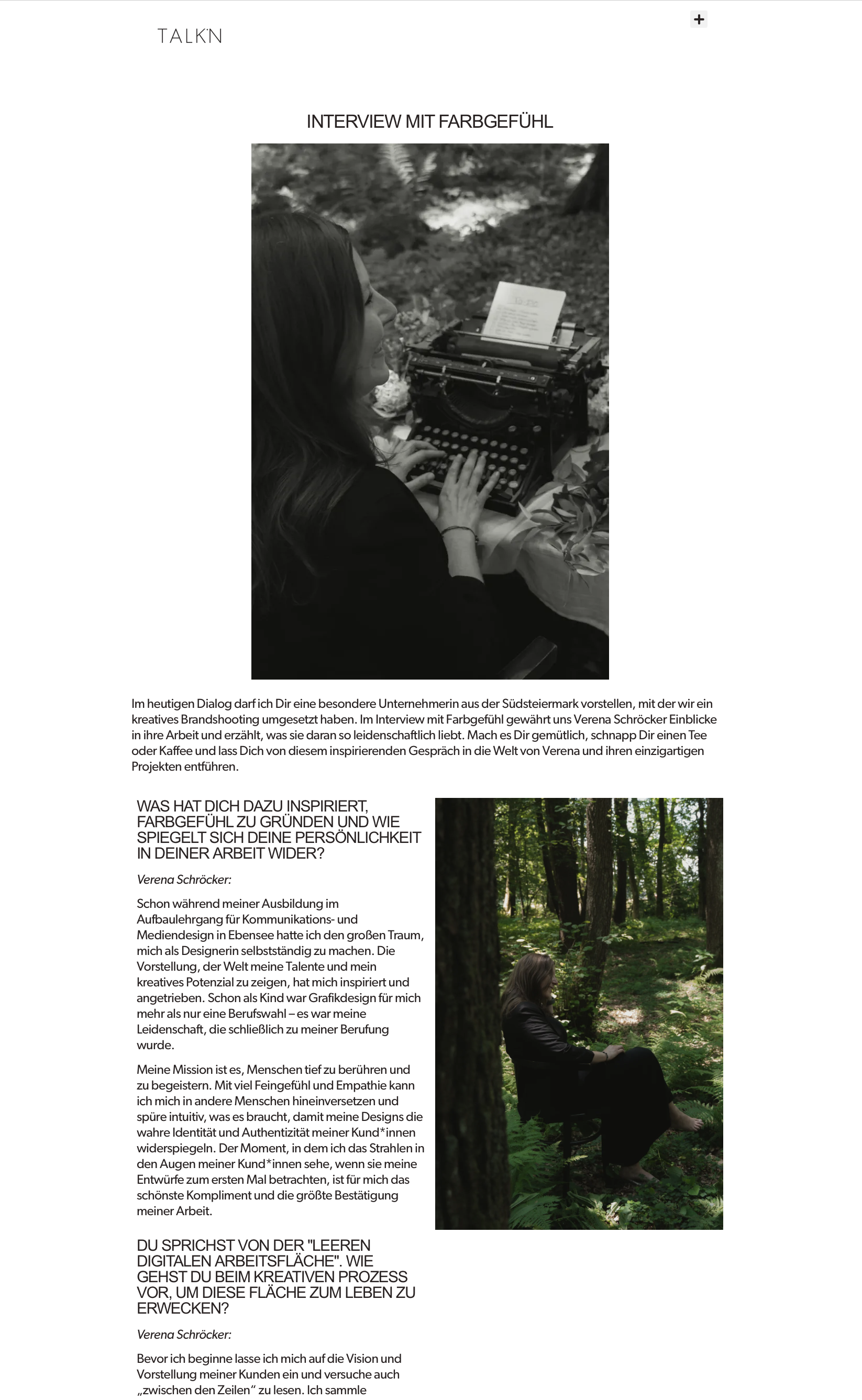 Screenshot des Blogbeitrags auf der Website von TALKN: Interview mit Verena Schröcker, Gründerin und CEO von farbgefühl. Das Bild zeigt eine junge Frau an einer Schreibmaschine im Freien und eine weitere Szene im Wald. Der Text gibt Einblicke in ihre Inspiration, Persönlichkeit und kreative Arbeitsweise.