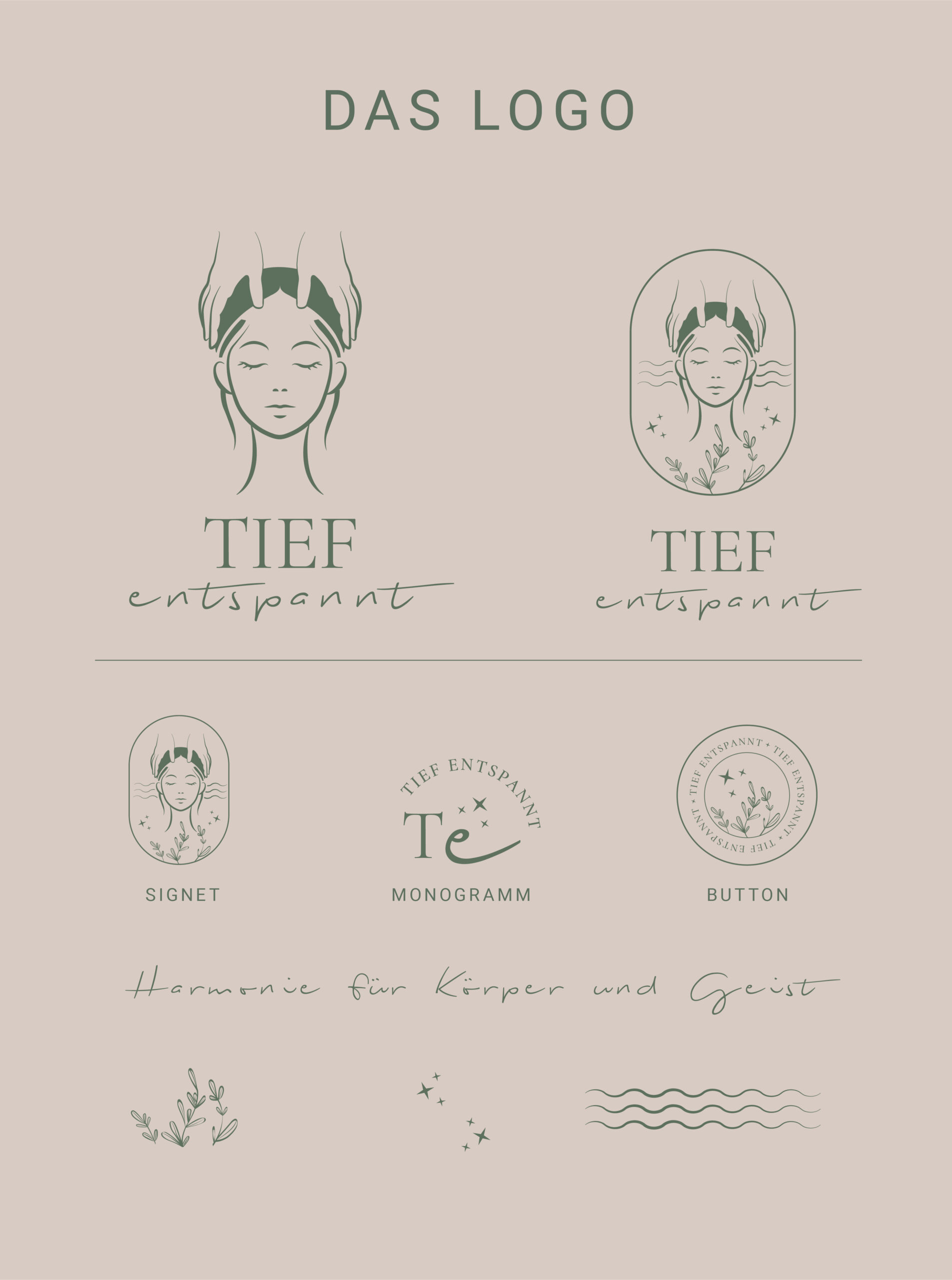 Logo-Design für ‚Tief entspannt‘ – eine Humanenergetikerin mit Fokus auf Cranio Sacrale Therapie, Stimmgabel- und Aromatherapie. Natürliche Linien, sanfte Farben und harmonische Symbole unterstreichen die ruhige und heilende Ausstrahlung der Marke.