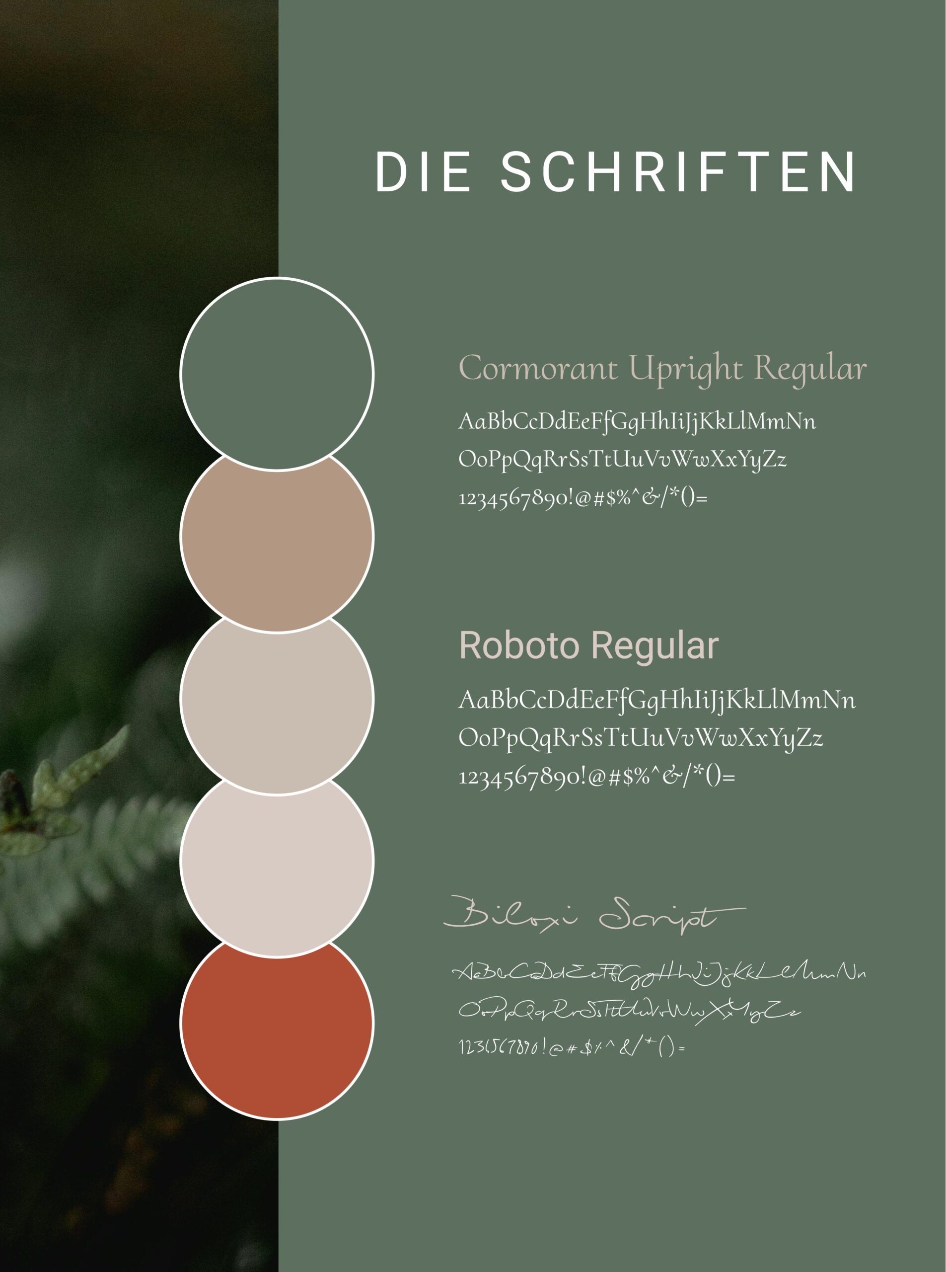 Farbpalette und Schriftarten für das Branding einer Humanenergetikerin – natürliche Grüntöne, sanfte Beige-Nuancen und ein warmer Terrakottaton kombiniert mit eleganter Typografie.